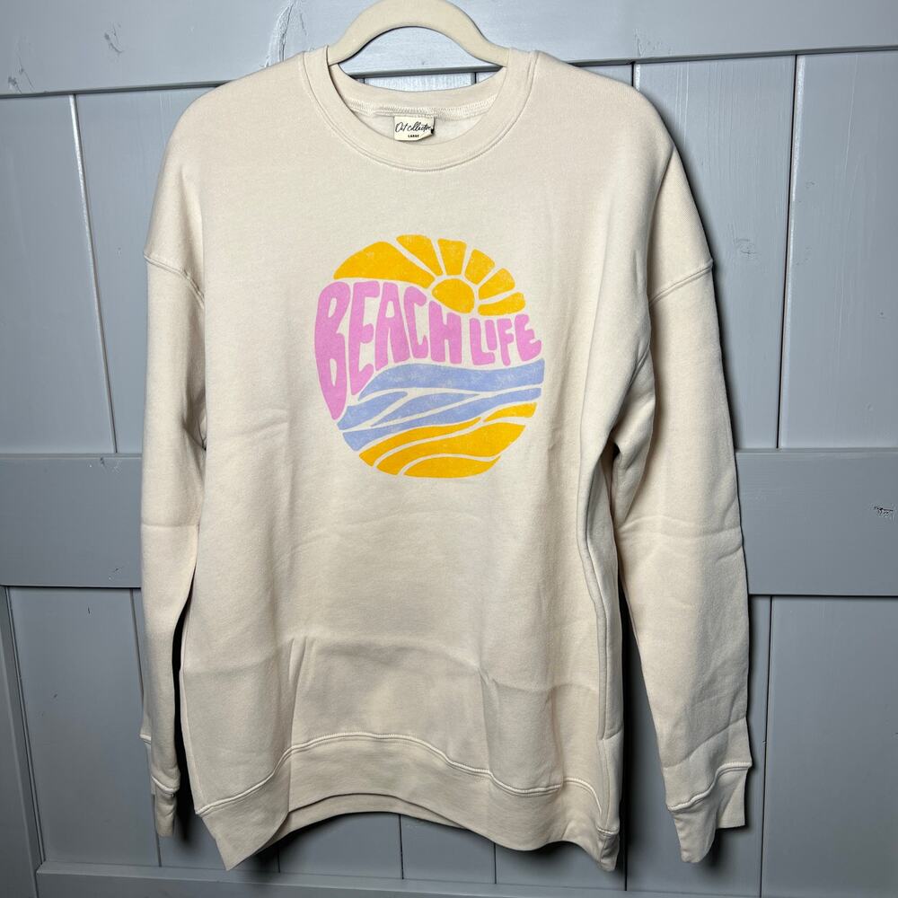 Oat Collective‎ Beach Life Cream Graphic Sweatshirt Large NEW